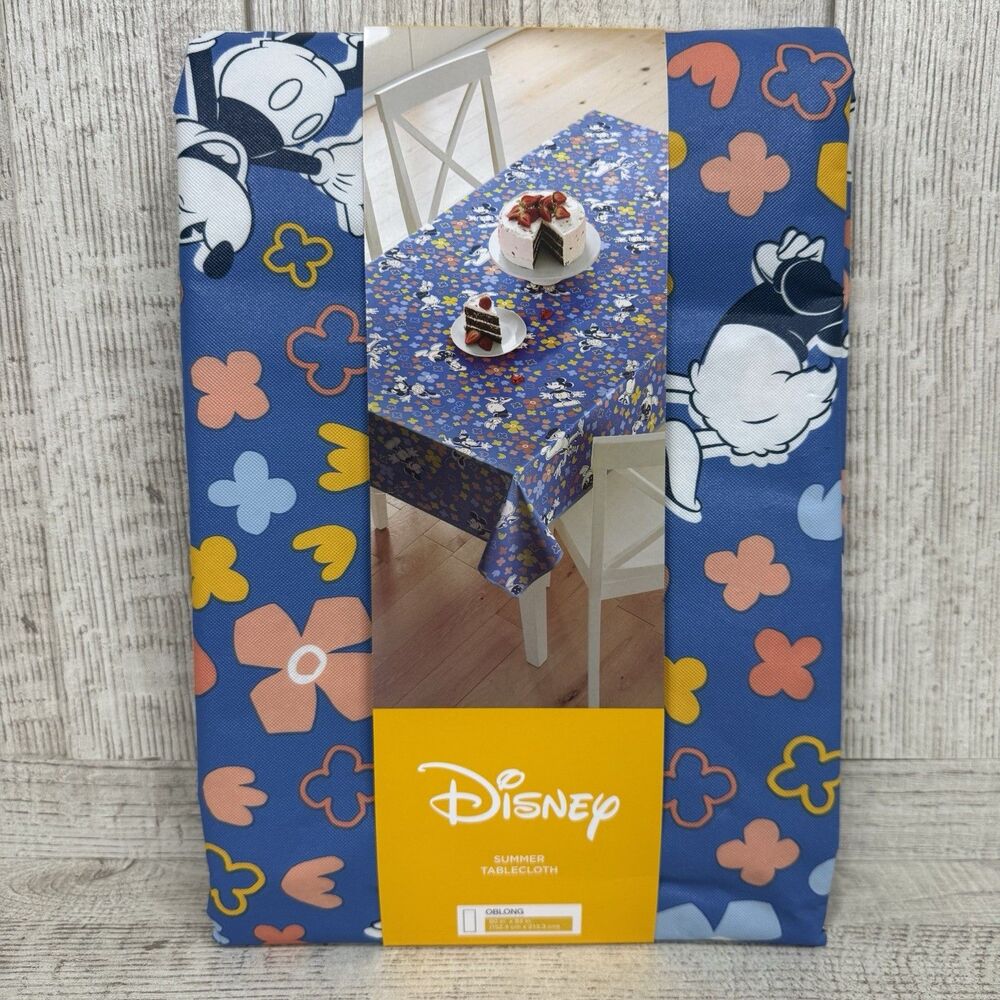 Disney Summer Tablecloth PEVA Vinyl Mickey & Friends 60”X84” Blue Floral New